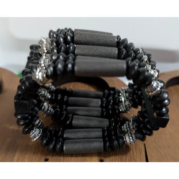 BUNDLE ONLY Nwot Black Silvertone Grey 6 Row Beads Beaded Bracelet Stretch - Picture 2 of 3